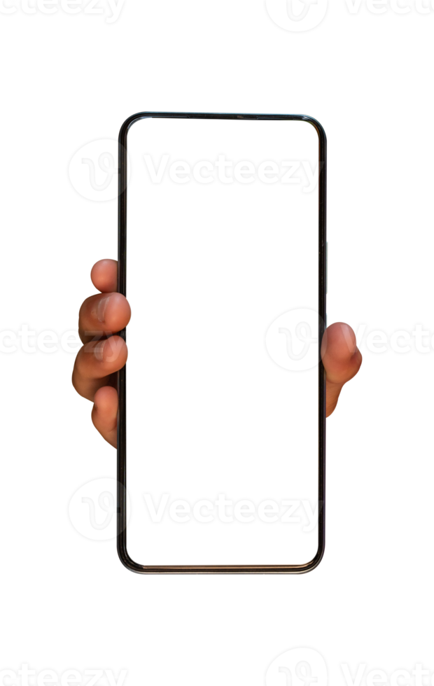 main tenant un téléphone portable avec écran blanc isolé sur fond transparent - fichier png. png