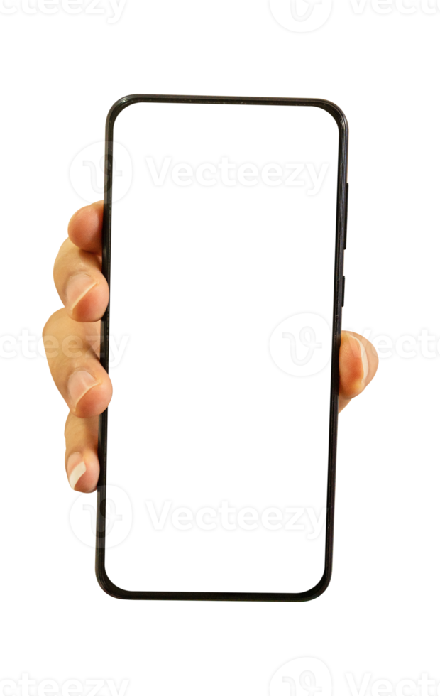 main tenant un smartphone mobile avec écran transparent vierge et arrière-plan - fichier png. png