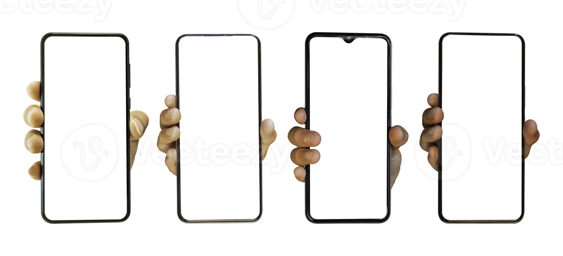 Set of Hand holding mobile smartphone with blank transparent screen and background - PNG file.