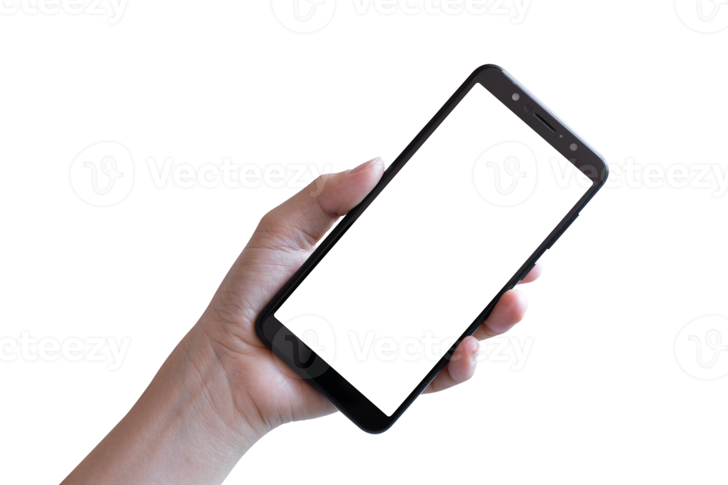 main tenant un smartphone isolé sur un fichier png de fond transparent