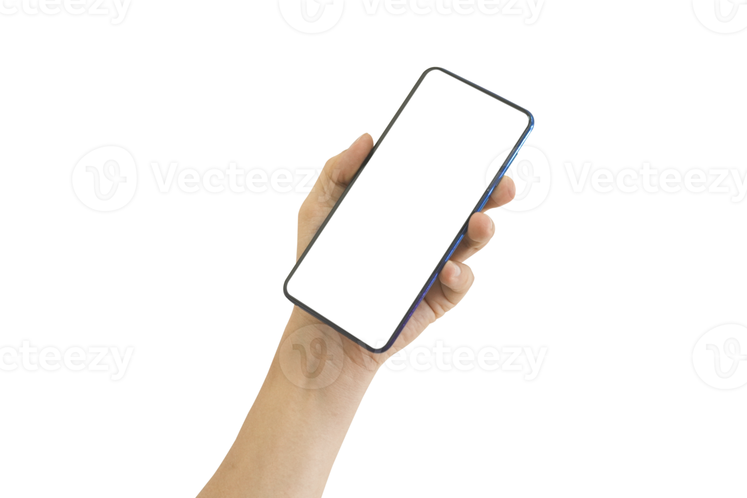 Hand holding mobile phone with blank transparent screen and background- PNG format.