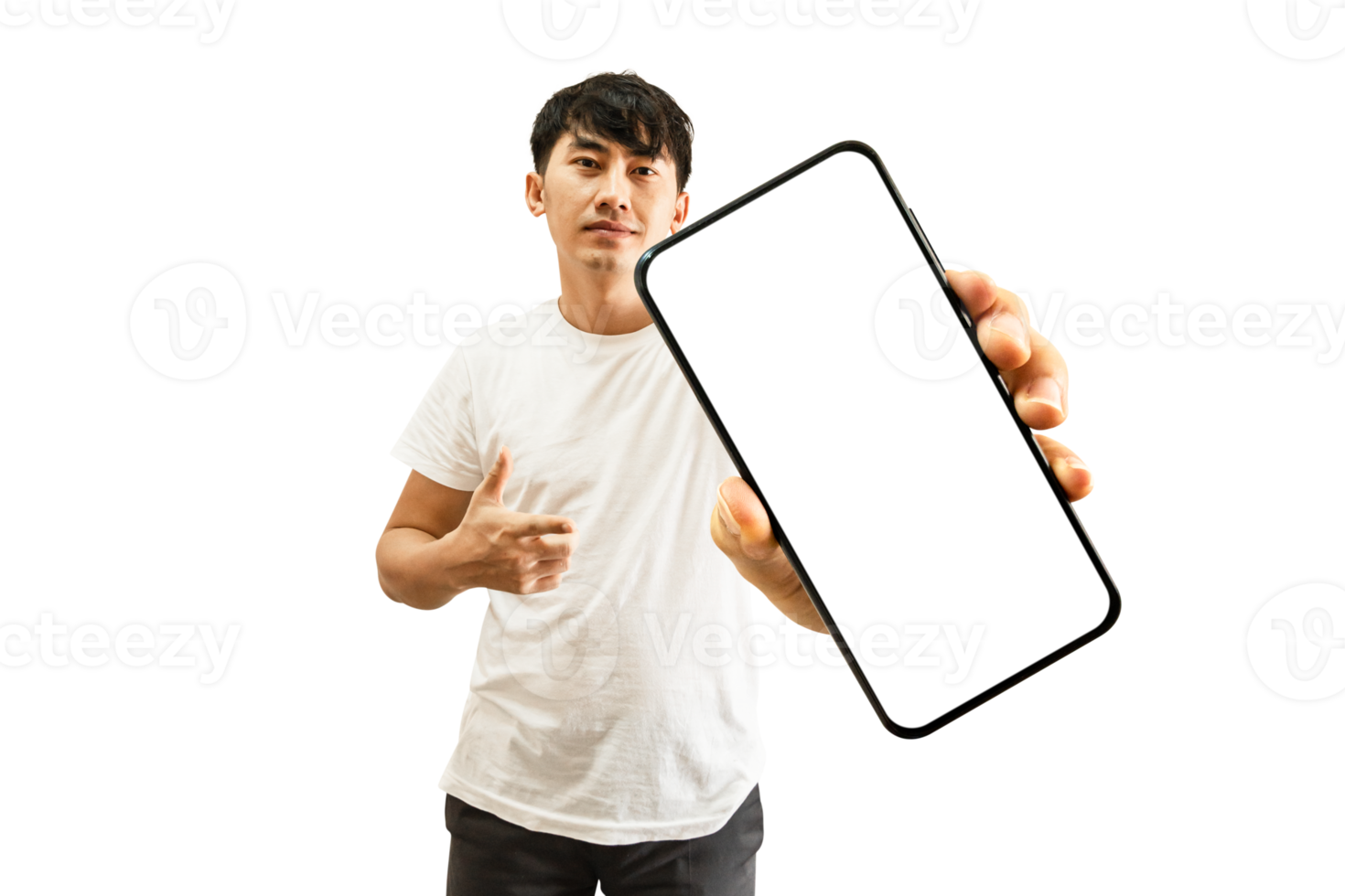 Asian Man Hand Pointing At Empty White Smartphone Screen png