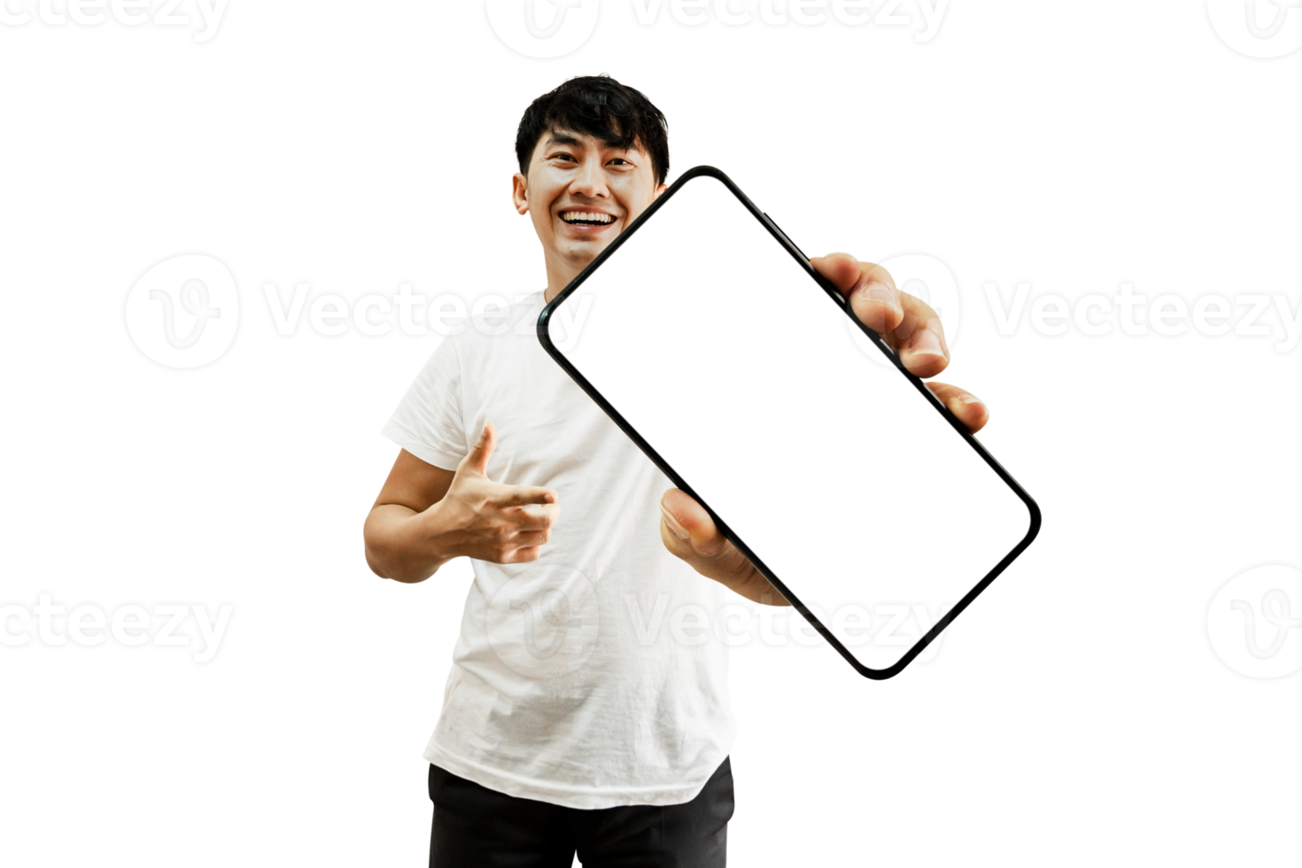 Asian Man Hand Pointing At Empty White Smartphone Screen png