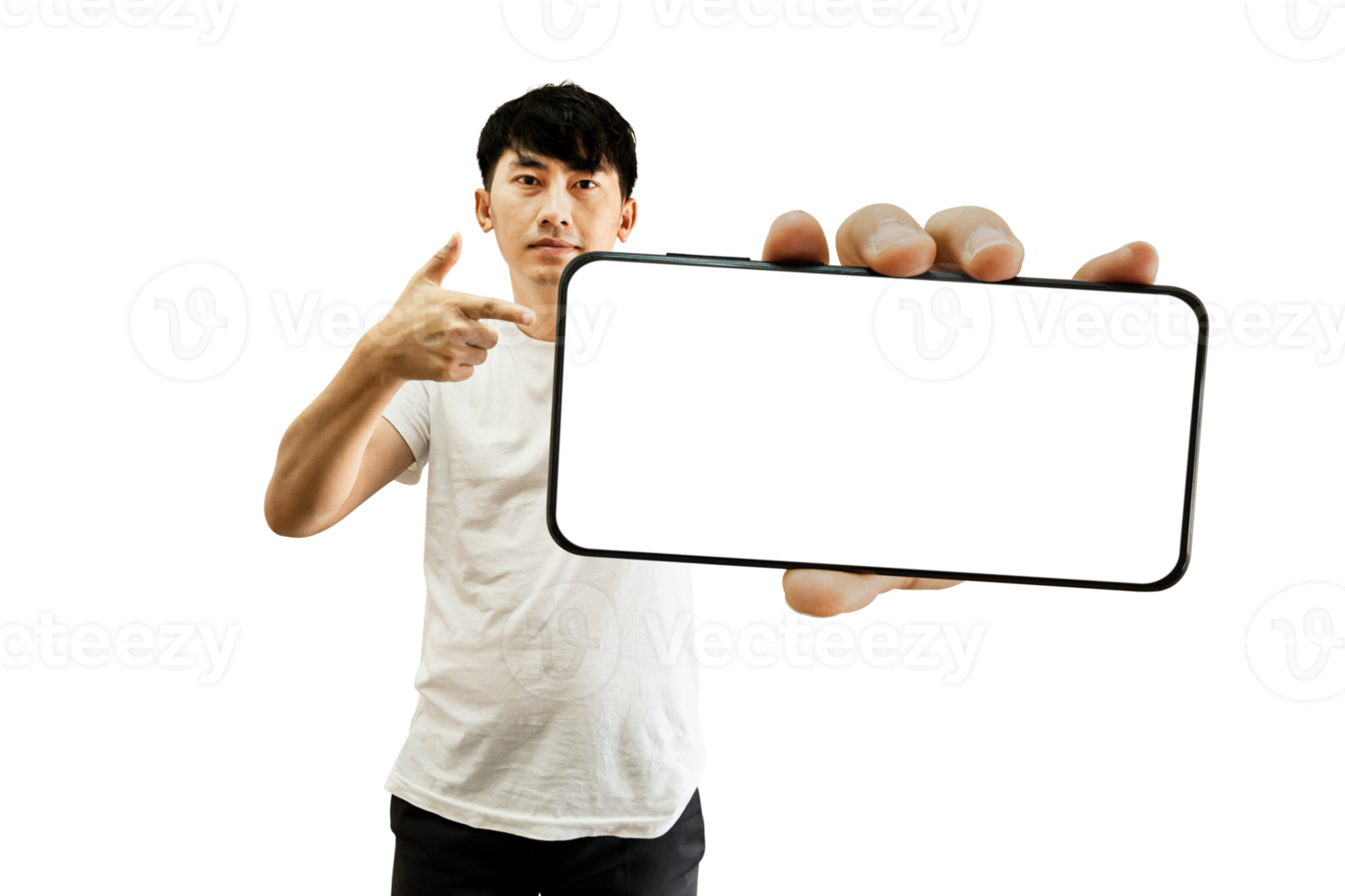 mano de hombre asiático apuntando a la pantalla blanca vacía del teléfono inteligente png