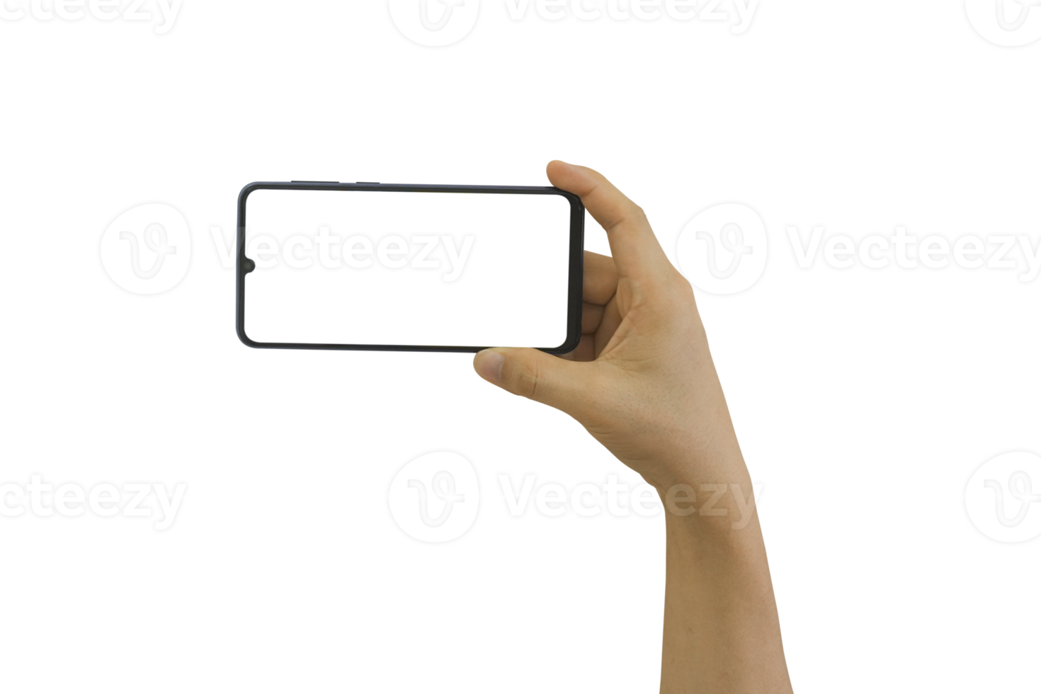 main tenant un téléphone portable avec écran transparent vierge et arrière-plan - format png. png