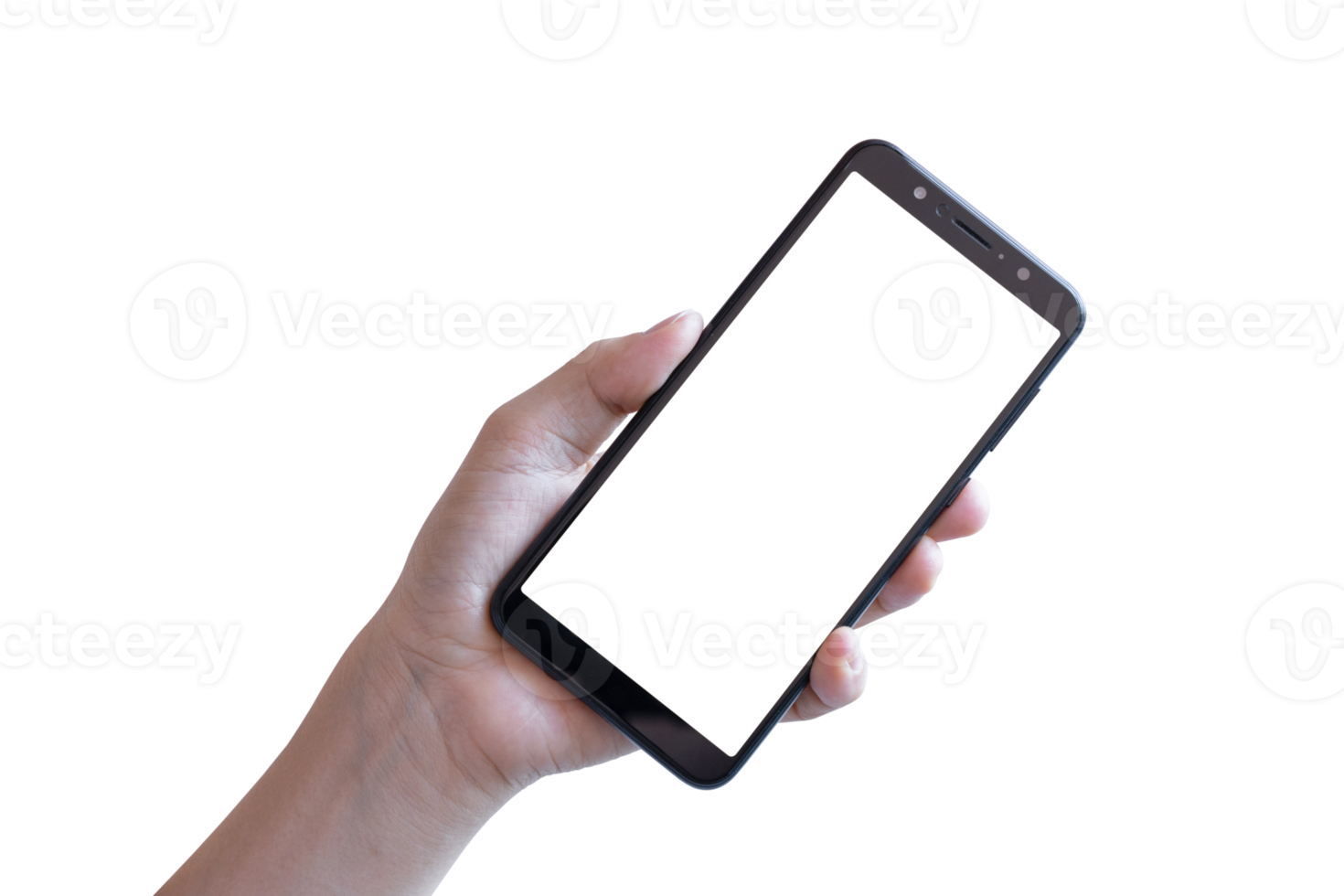 mano que sostiene el teléfono inteligente aislado en un archivo png de fondo transparente