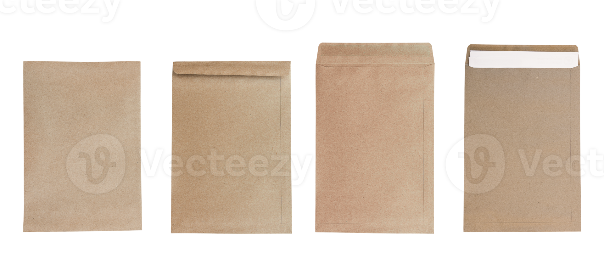 Brown envelope front and back with white paper inside isolated on transparent background PNG file.