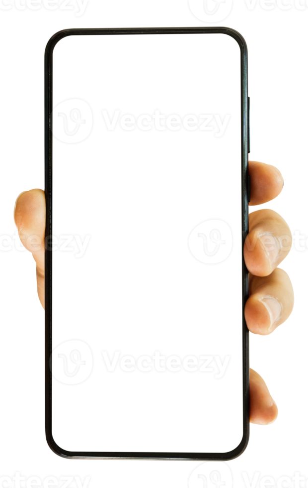 main tenant un smartphone mobile avec écran transparent vierge et arrière-plan - fichier png. png