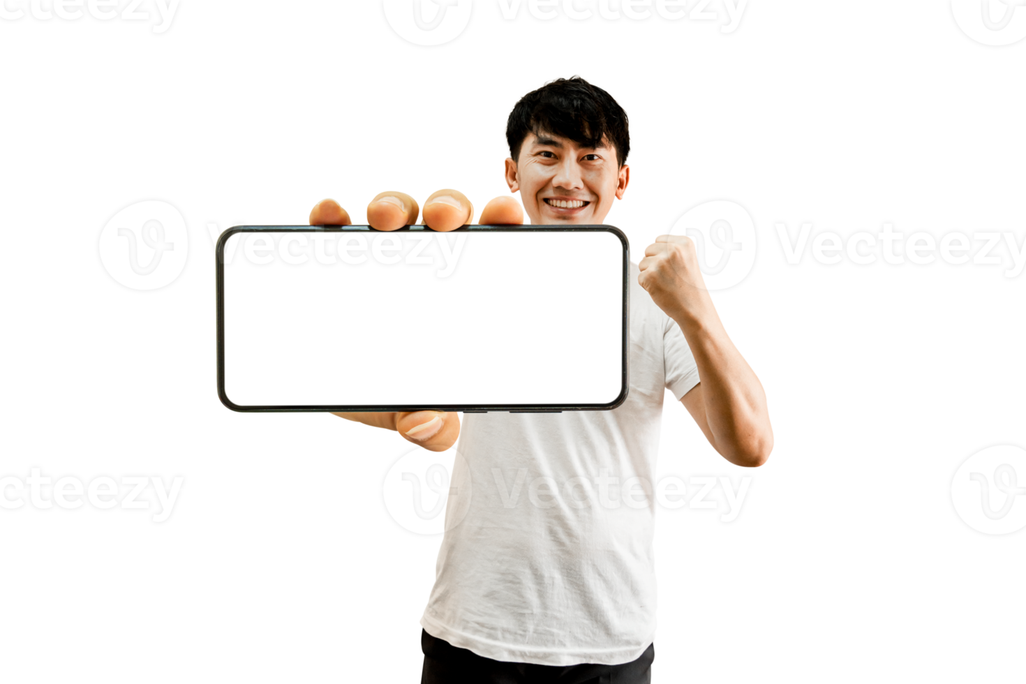 Asian Man Holding Smartphone With Empty White Screen png