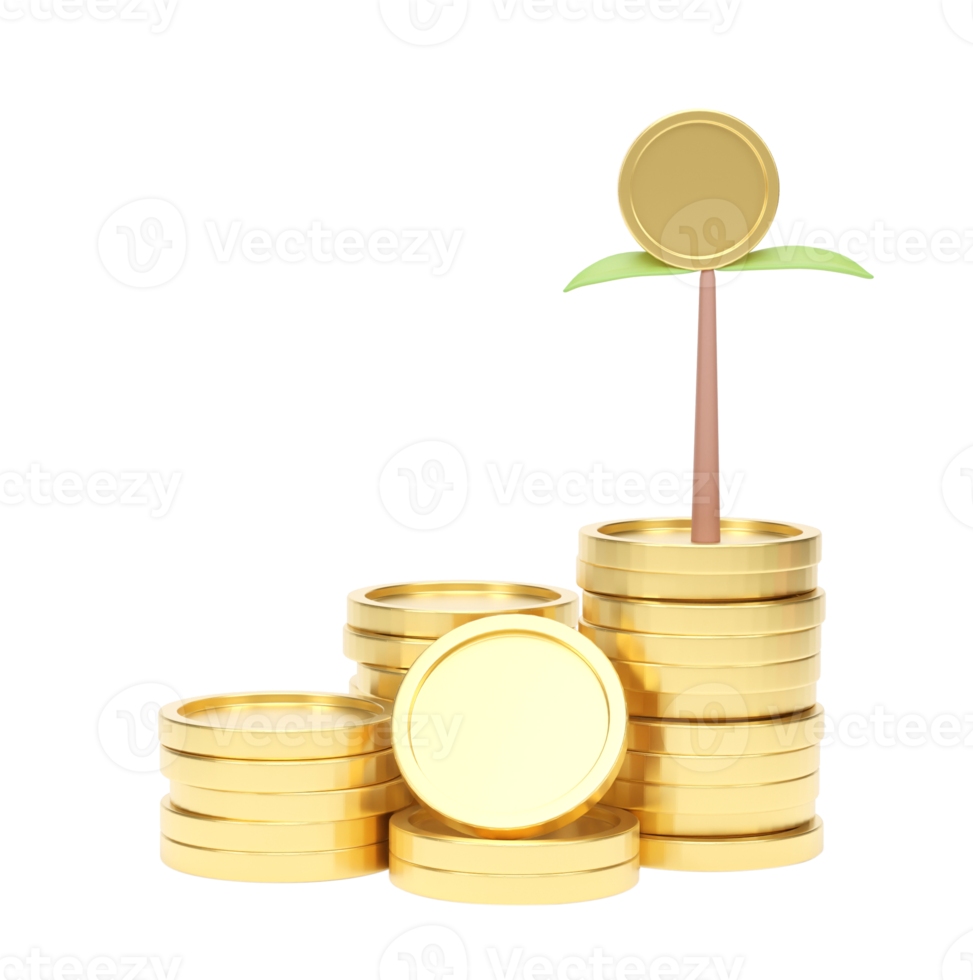 3D Coins stack growth with trees coin Isolated on transparent background PNG file format.
