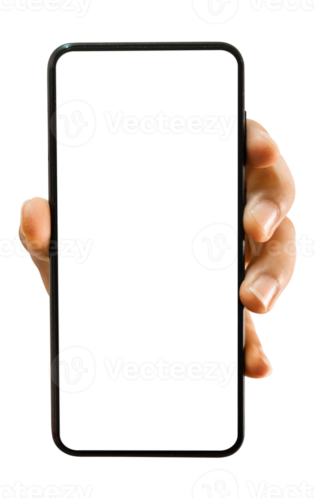 Hand holding mobile smartphone with blank transparent screen and background - PNG file.