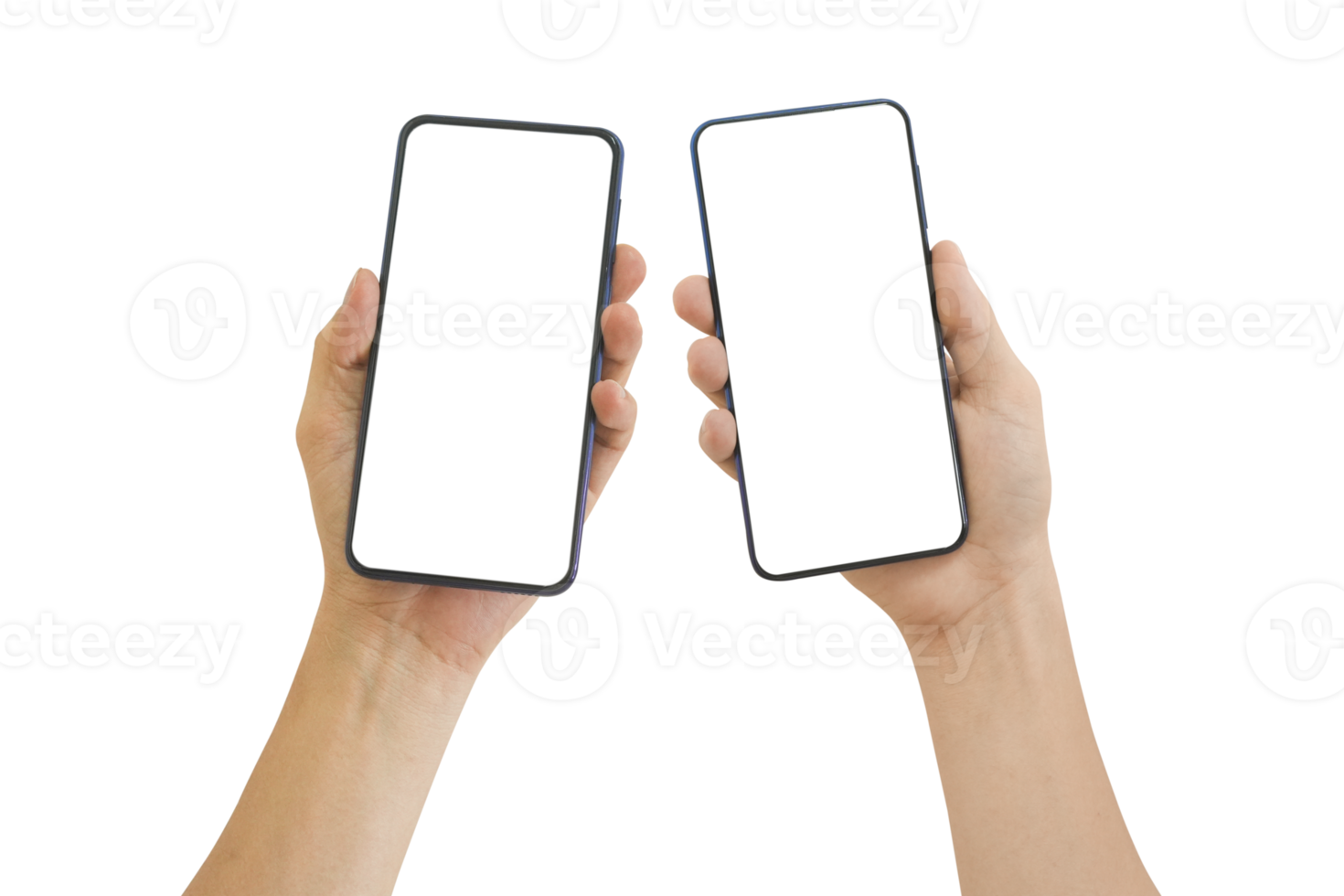Hand holding mobile phone with blank transparent screen and background- PNG format.