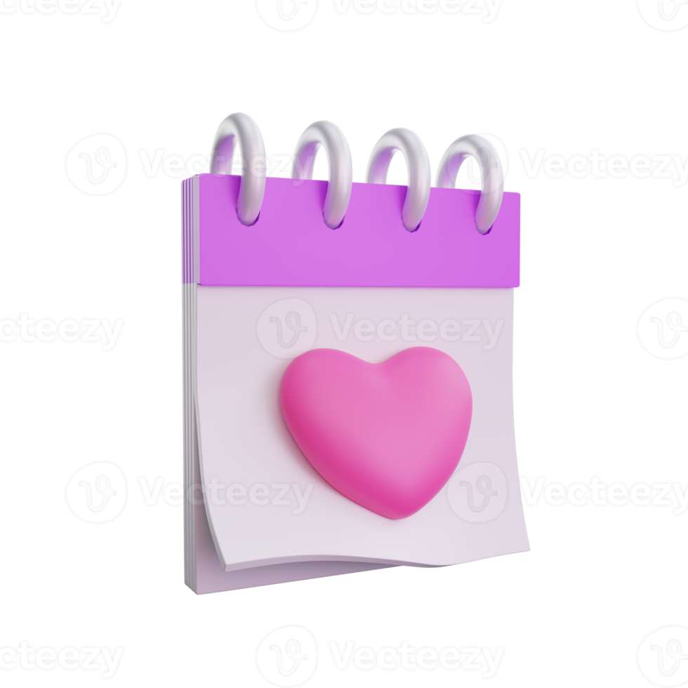 Icono de calendario de corazón de día de san valentín de renderizado 3d png