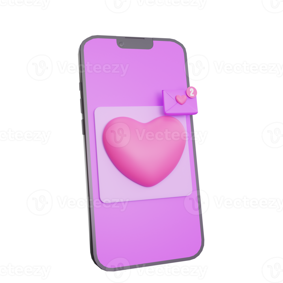 3d rendering valentine's day love message notification on phone icon png