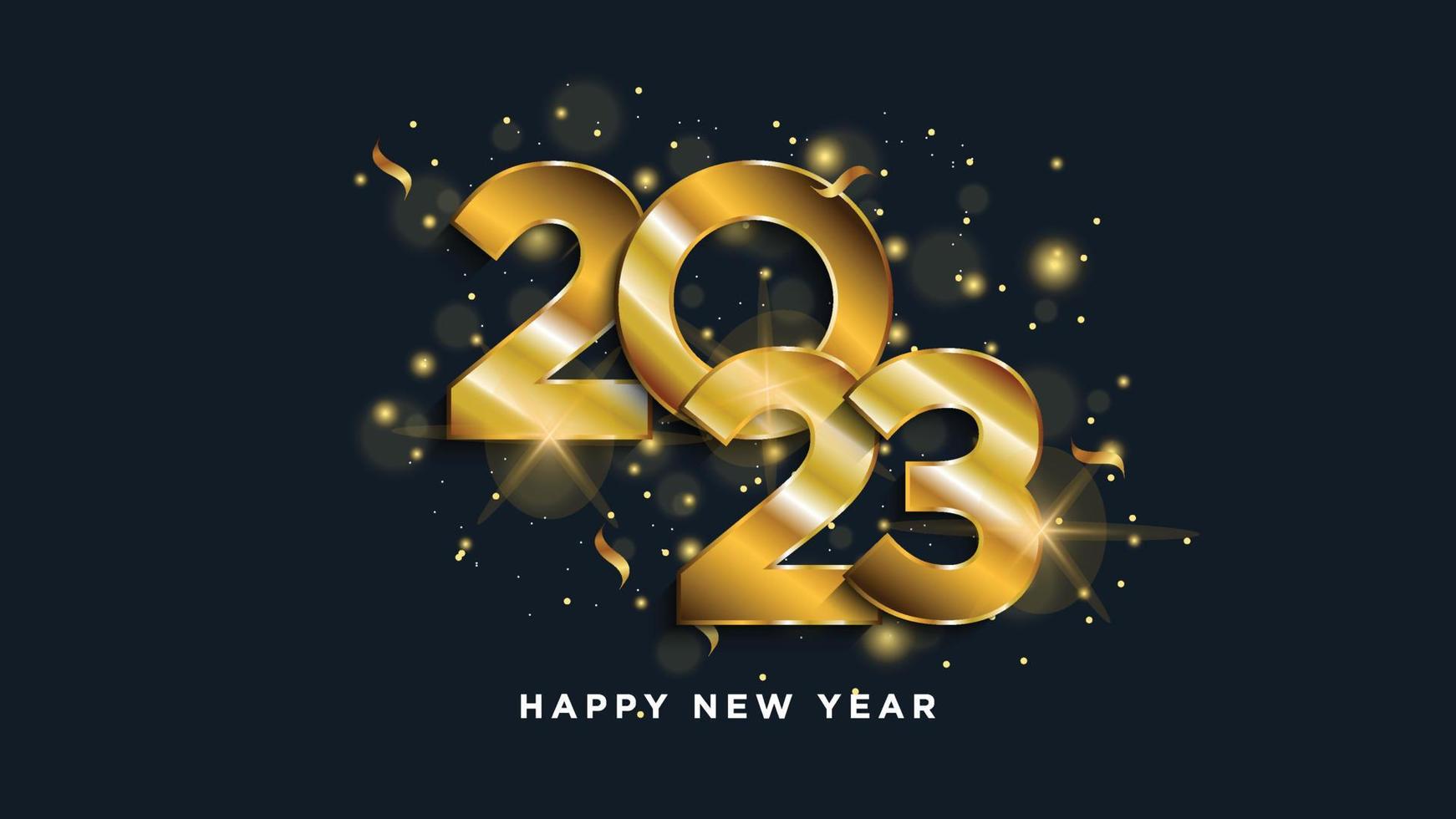 Golden numbers with Christmas decoration and confetti on dark blue background. Happy new year 2023. vector