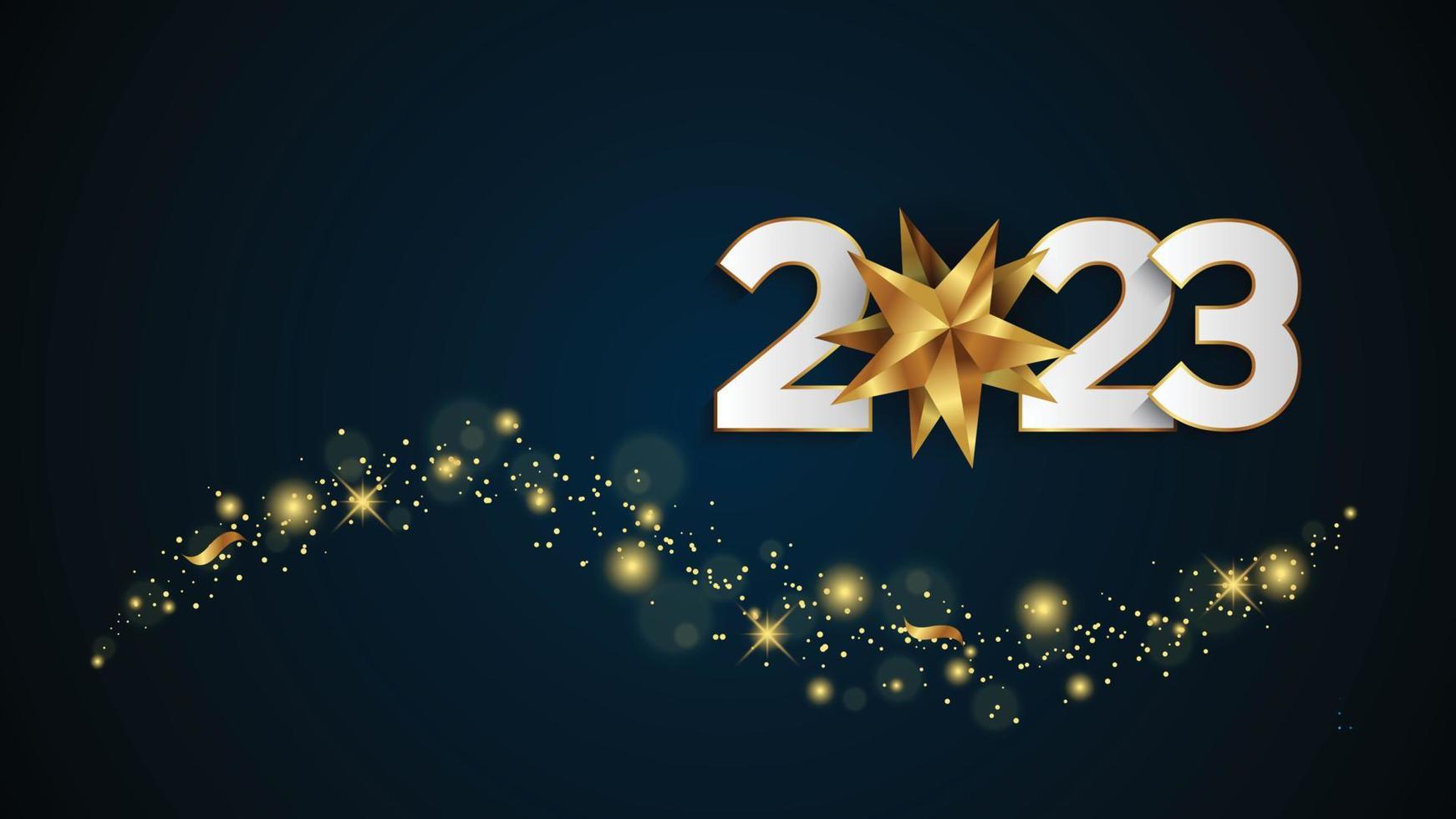 feliz año nuevo 2023. elemento de diseño de onda dorada de color brillante abstracto, números de papel blanco con dorado. vector