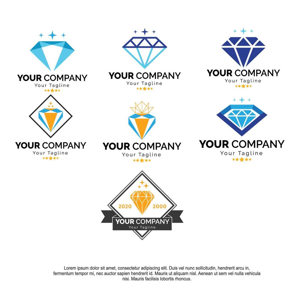 Diamond vector icons. Black, linear and color style. Abstract jewelry gemstones isolated on white. Blue crystals. Jewelry logo design. Free Vector