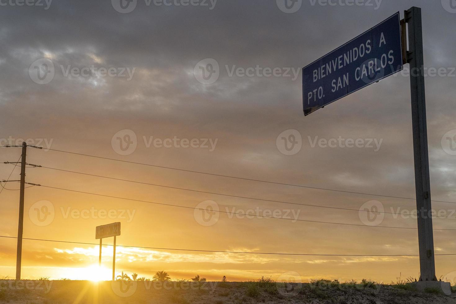 Puerto San Carlos Baja California Sur Mexico city sign at sunrise photo