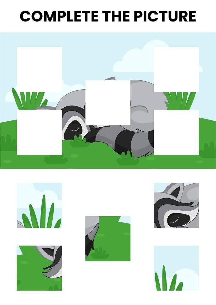 Complete the picture animal puzzle worksheet for kids vector