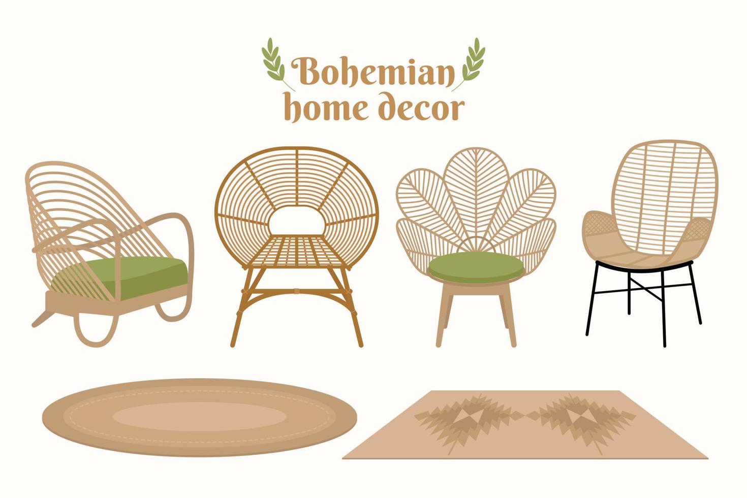 hermosos muebles y decoración bohemia. vector de decoración del hogar bohemio