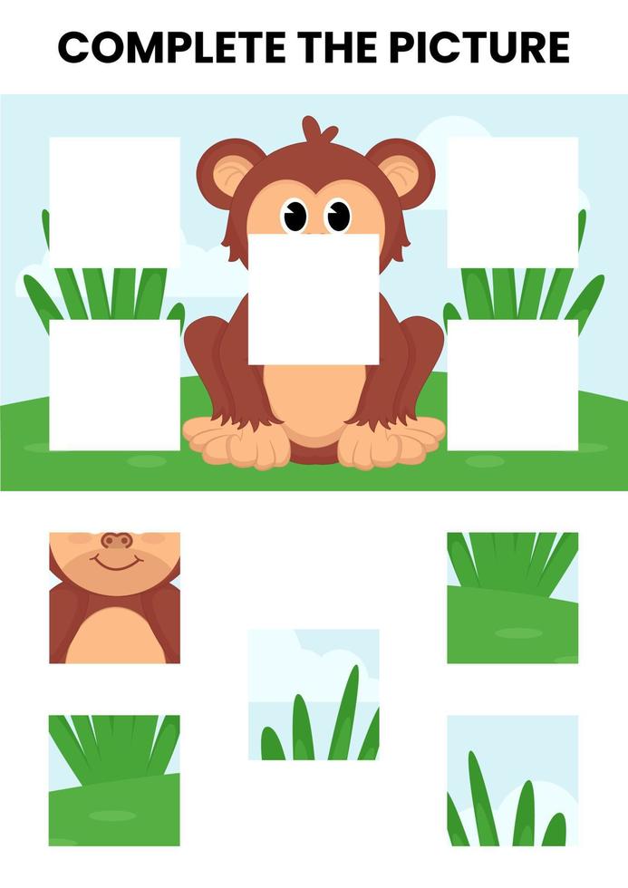 Complete the picture animal puzzle worksheet for kids vector