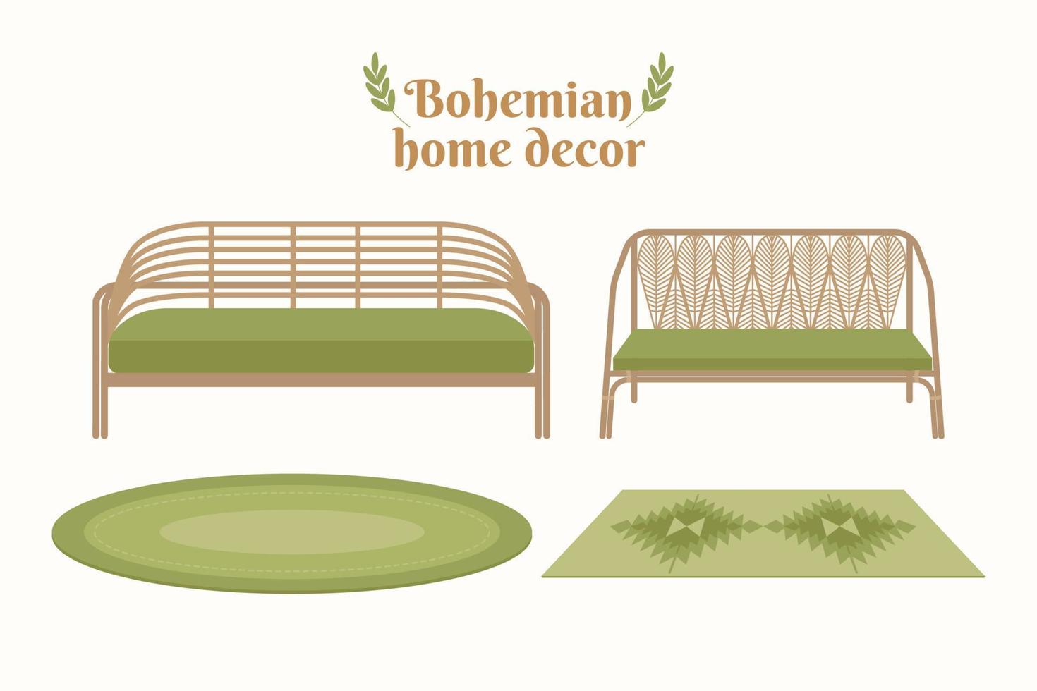 Beautiful bohemian furniture and decoration. Bohemian home decoration vector