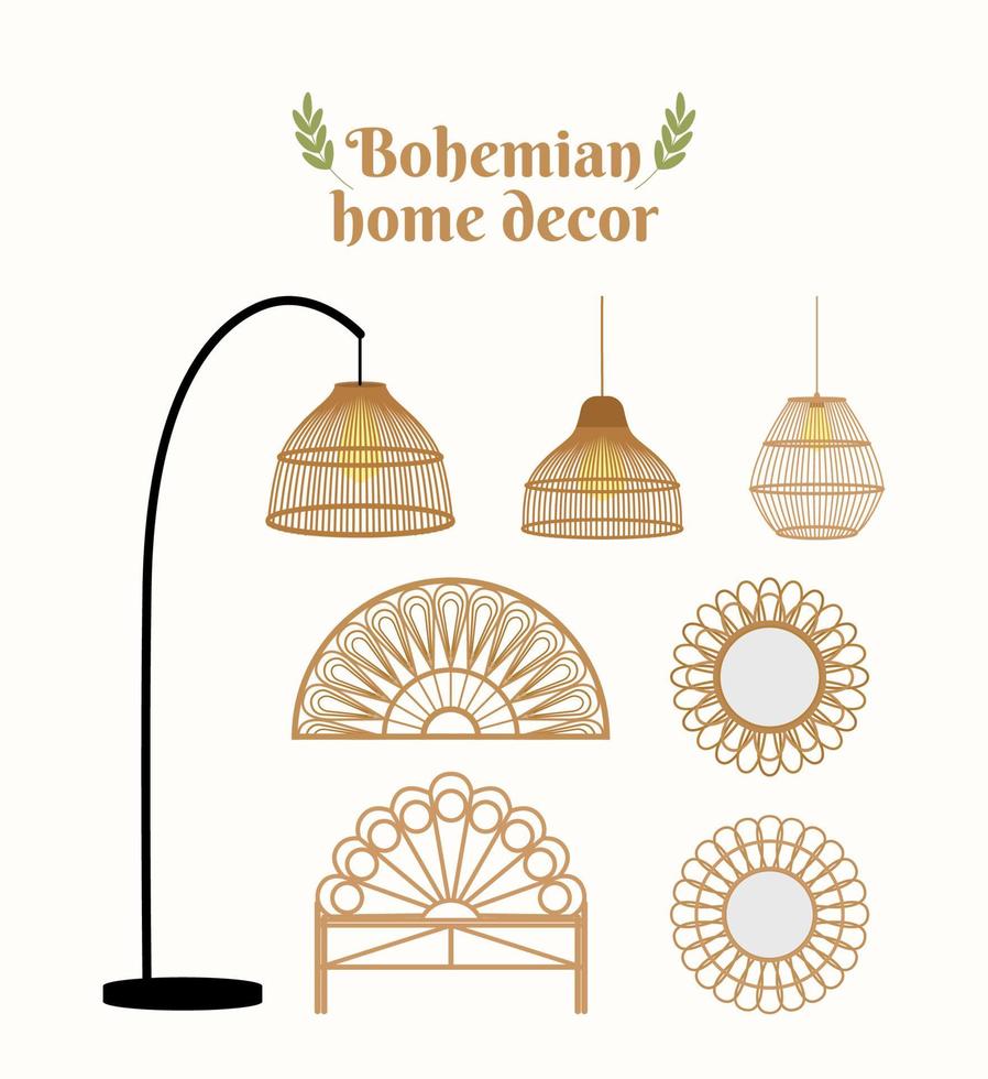 Beautiful bohemian furniture and decoration. Bohemian home decoration vector