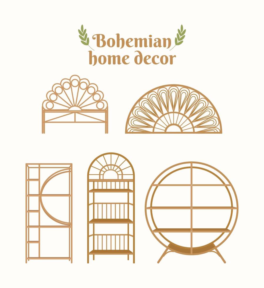 hermosos muebles y decoración bohemia. vector de decoración del hogar bohemio