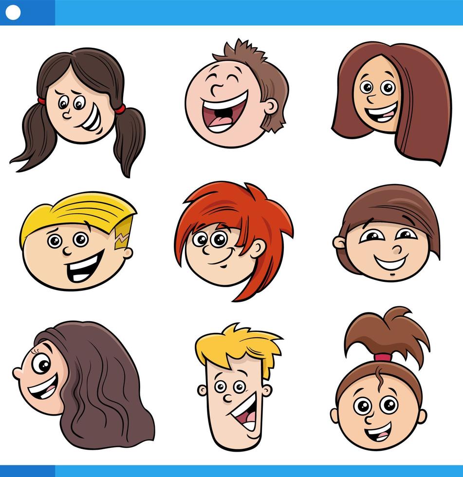 cartoon children or teenagers characters faces set vector