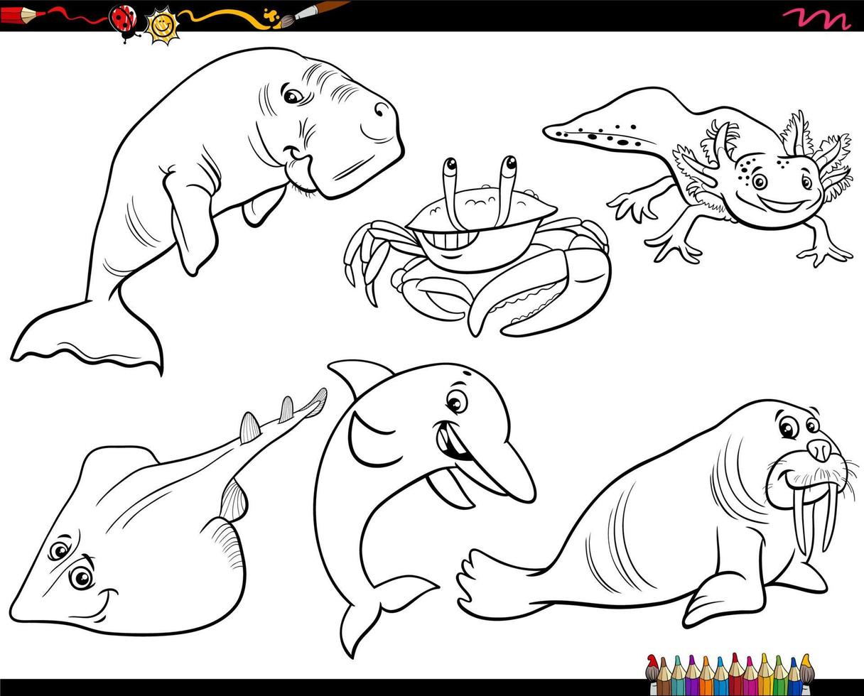 caricatura, animal marino, caracteres, conjunto, colorido, página vector