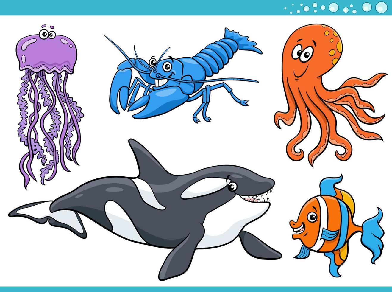 cartoon sea life or marine animal characters set vector