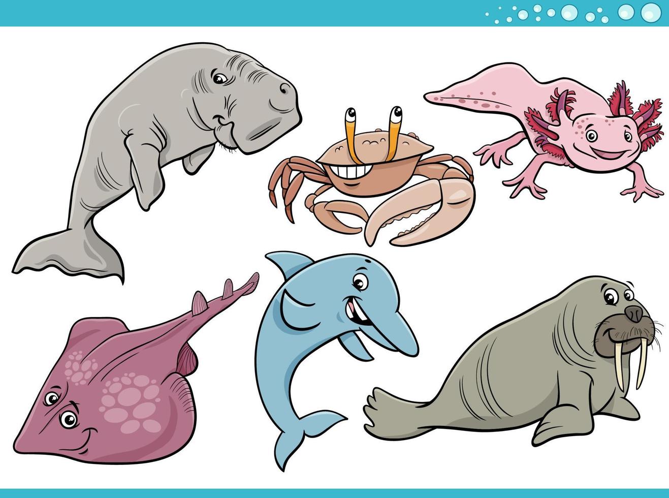 cartoon sea life or marine animal characters set vector
