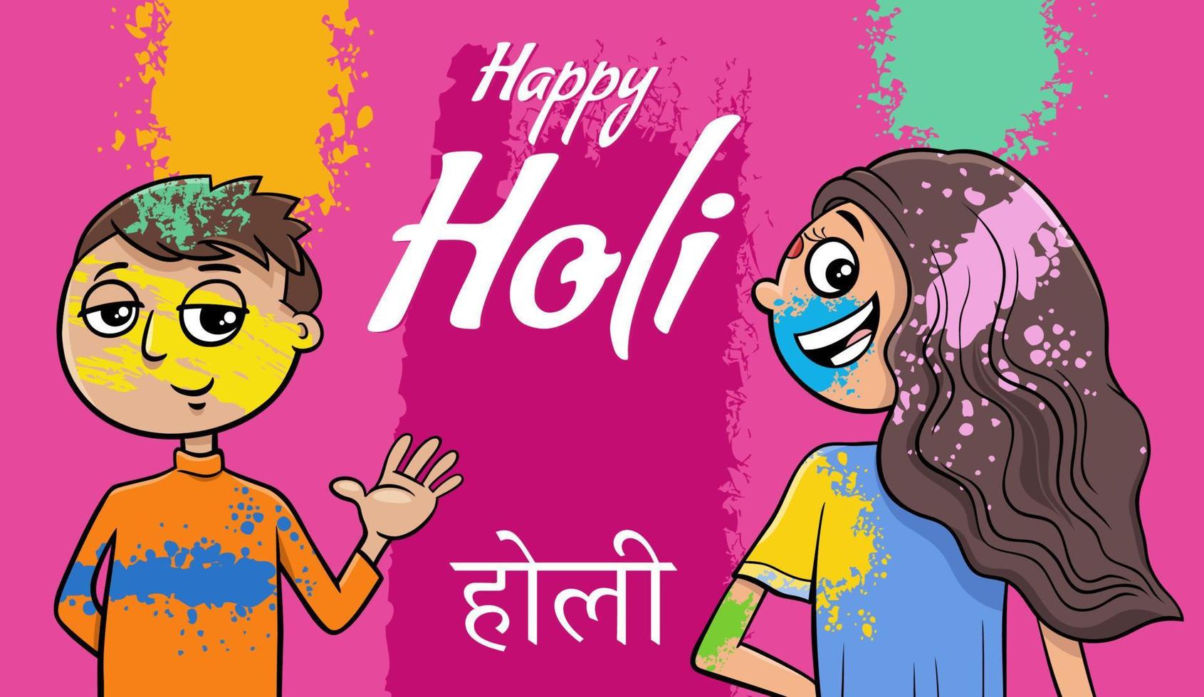 diseño del festival holi hindú con personajes cómicos vector