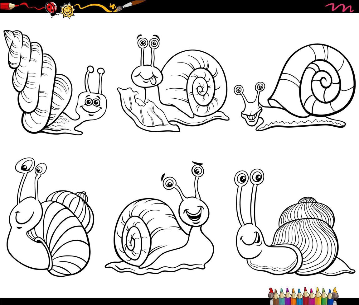 cartoon snails animal characters set coloring page vector