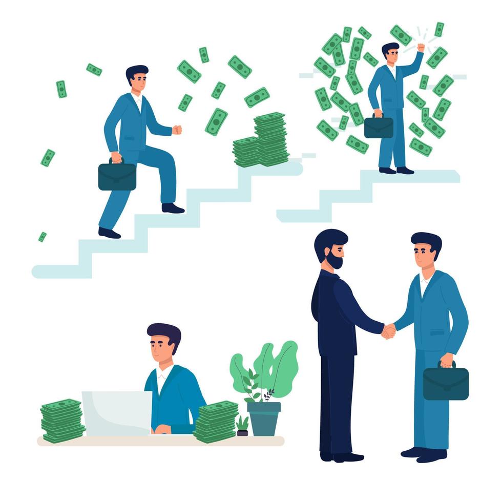 set of Business . Illustration of business people in suits shaking hands.a man raises his hand and money falls on them, vector