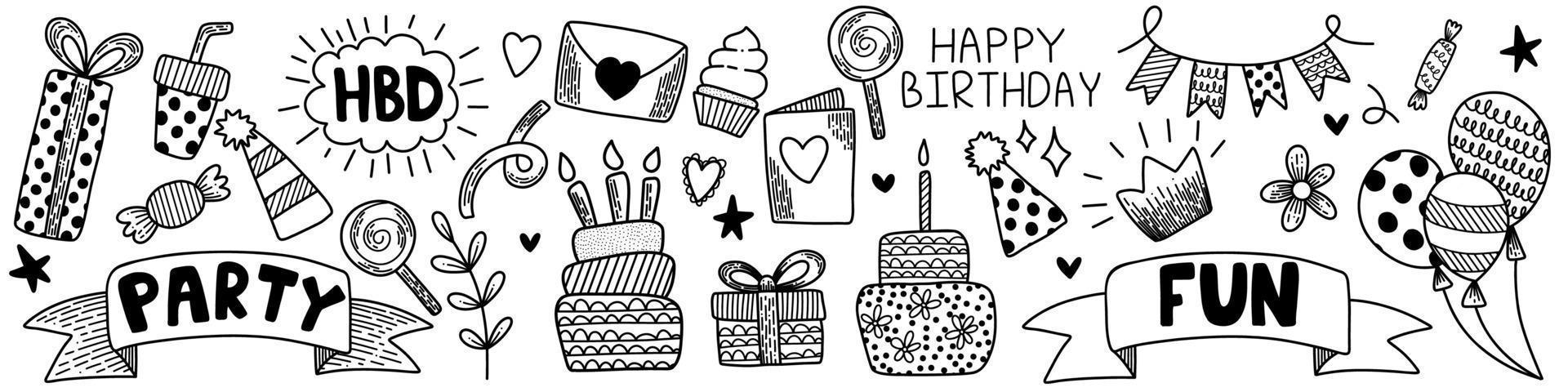 Vector set of happy birthday vector elements on white background. Handdrawn doodle outline line art icons for decoration greeting invitation cards stickers package. Cakes, symbols of celebration party