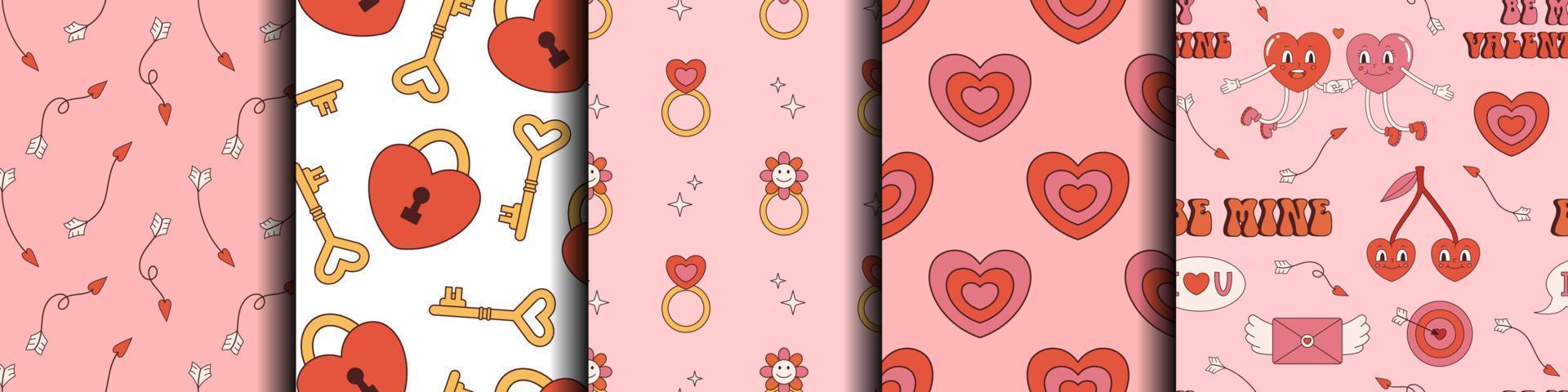 Vector set of Valentines day seamless patterns. Love collection in red and pink colors. Retro backgrounds with heart shaped elements. Love and romance.