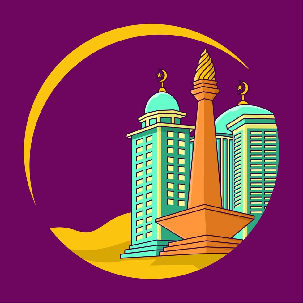 mosque and national monument of indonesia icon vector