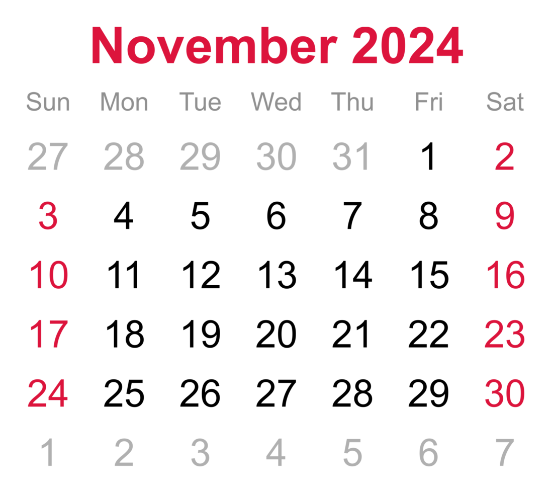 Monthly calendar of November 2024 on transparent background png