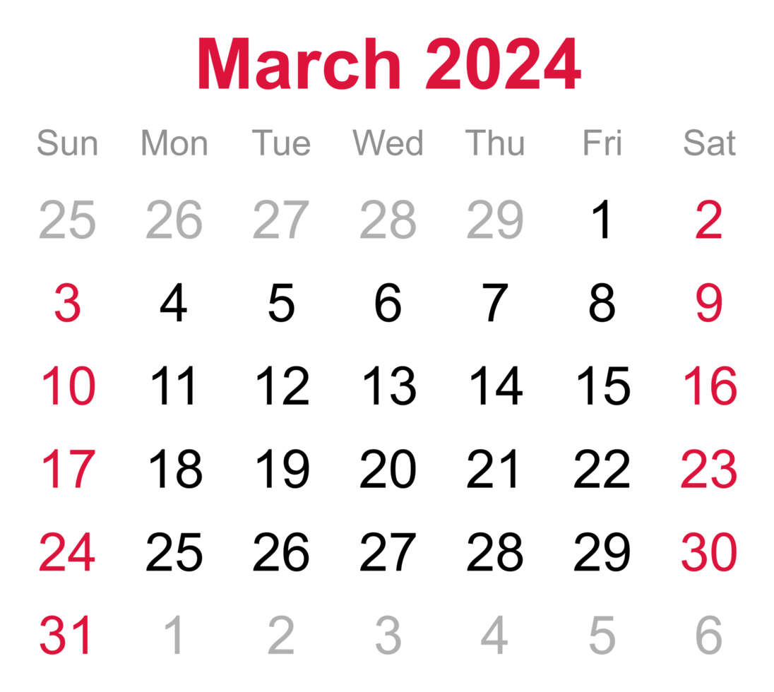 Monthly calendar of March 2024 on transparent background png