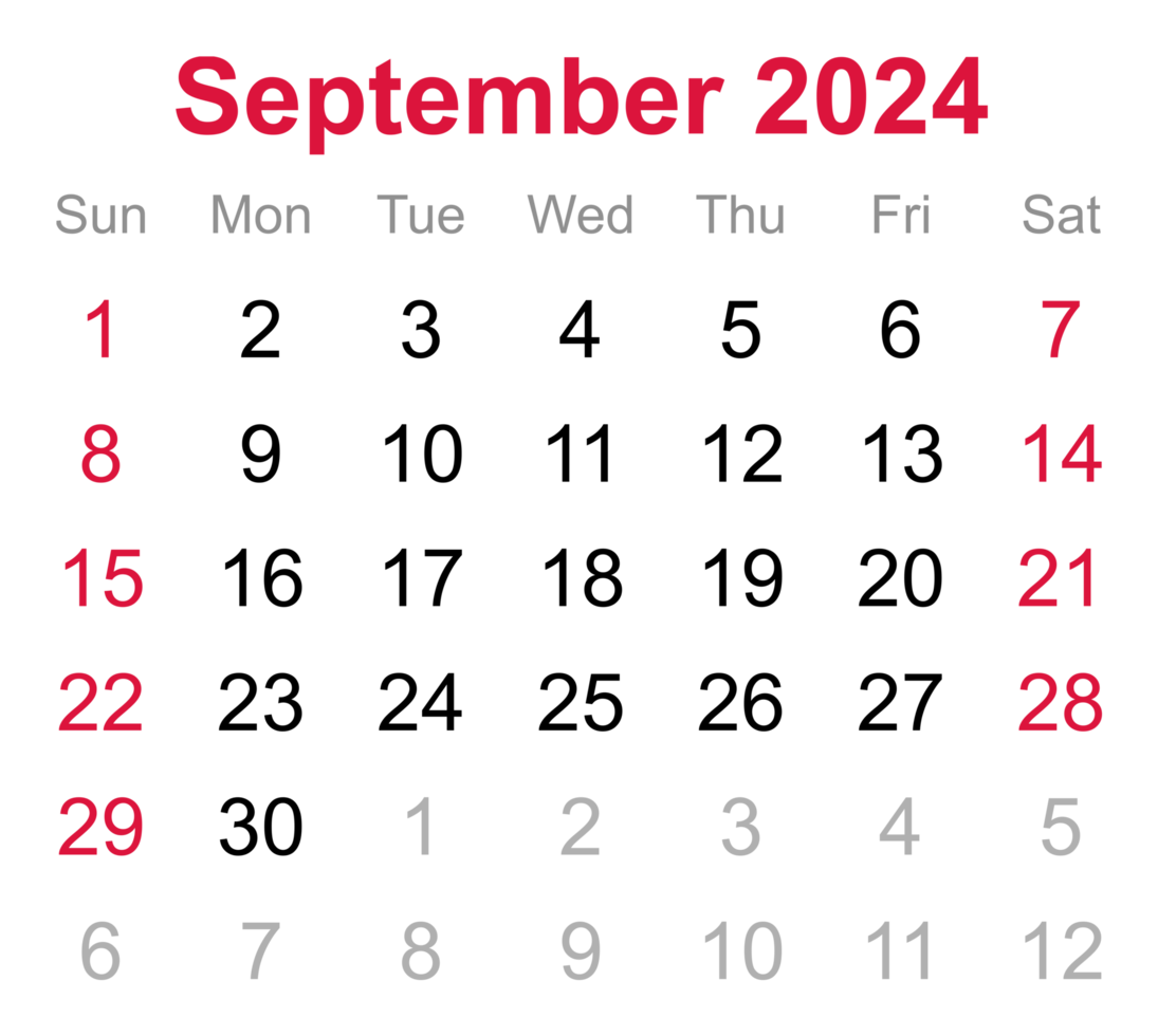 Monatskalender von September 2024 auf transparentem Hintergrund png