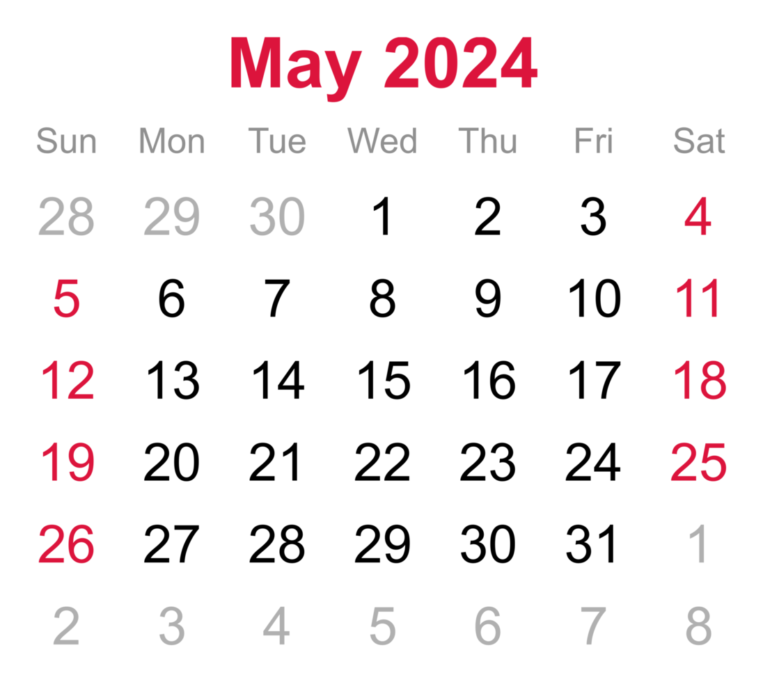 maandelijks kalender van mei 2024 Aan transparant achtergrond png
