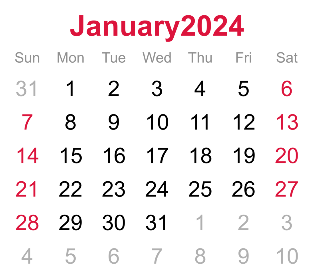 Monthly calendar of January 2024 on transparent background png