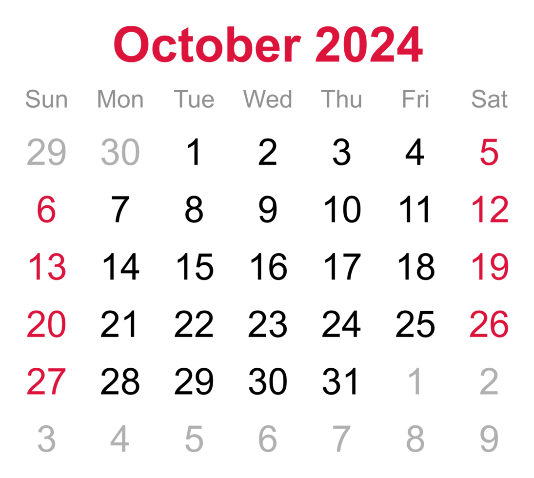 Monthly calendar of October 2024 on transparent background 18745737 PNG