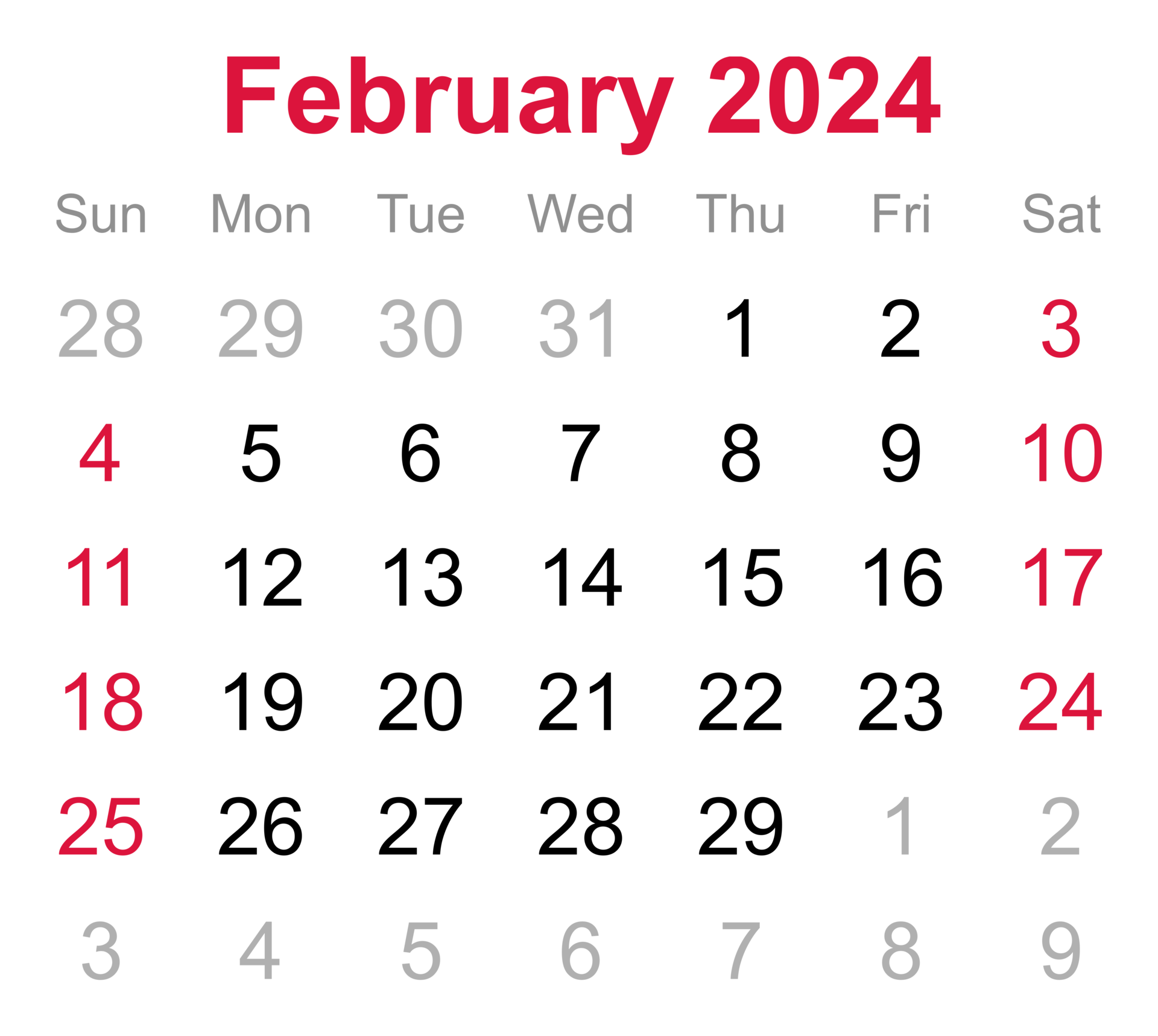 calendário mensal de fevereiro de 2024 em fundo transparente 18745738 PNG