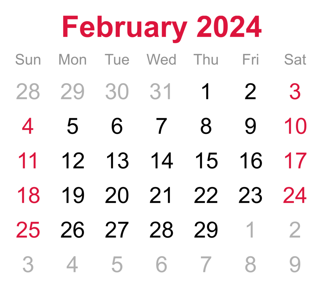 Monthly calendar of February 2024 on transparent background png