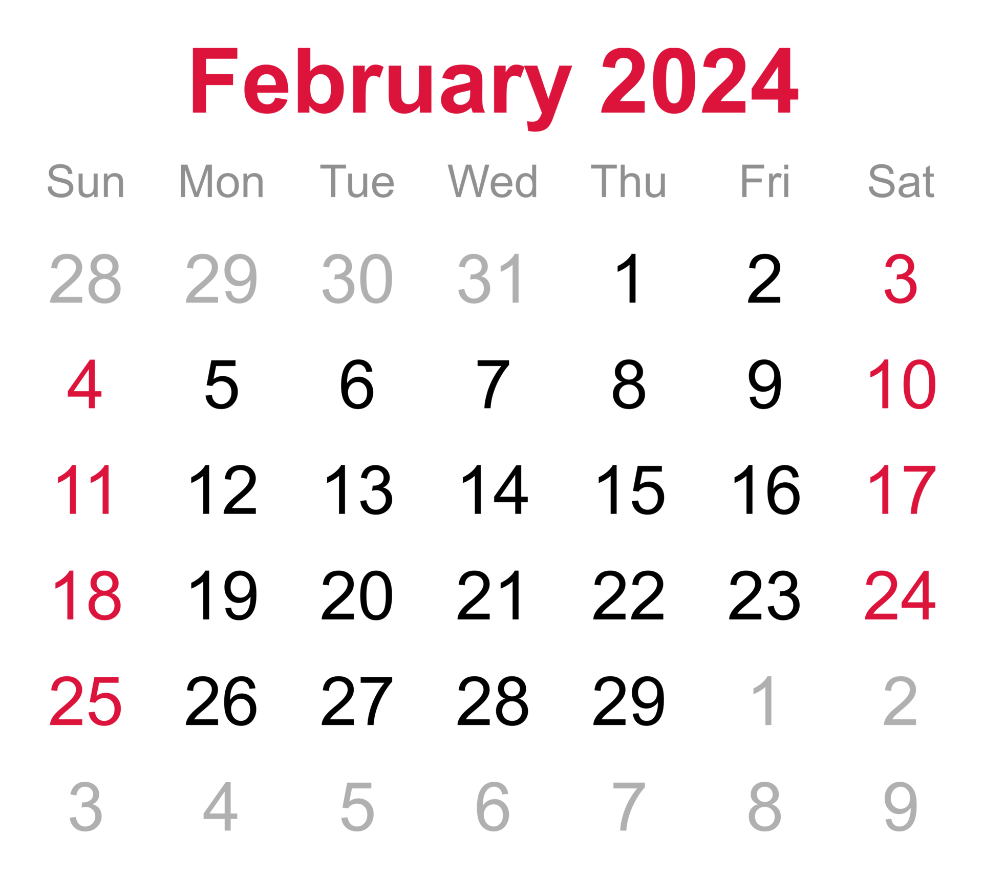 Monthly calendar of February 2024 on transparent background 18745738 PNG