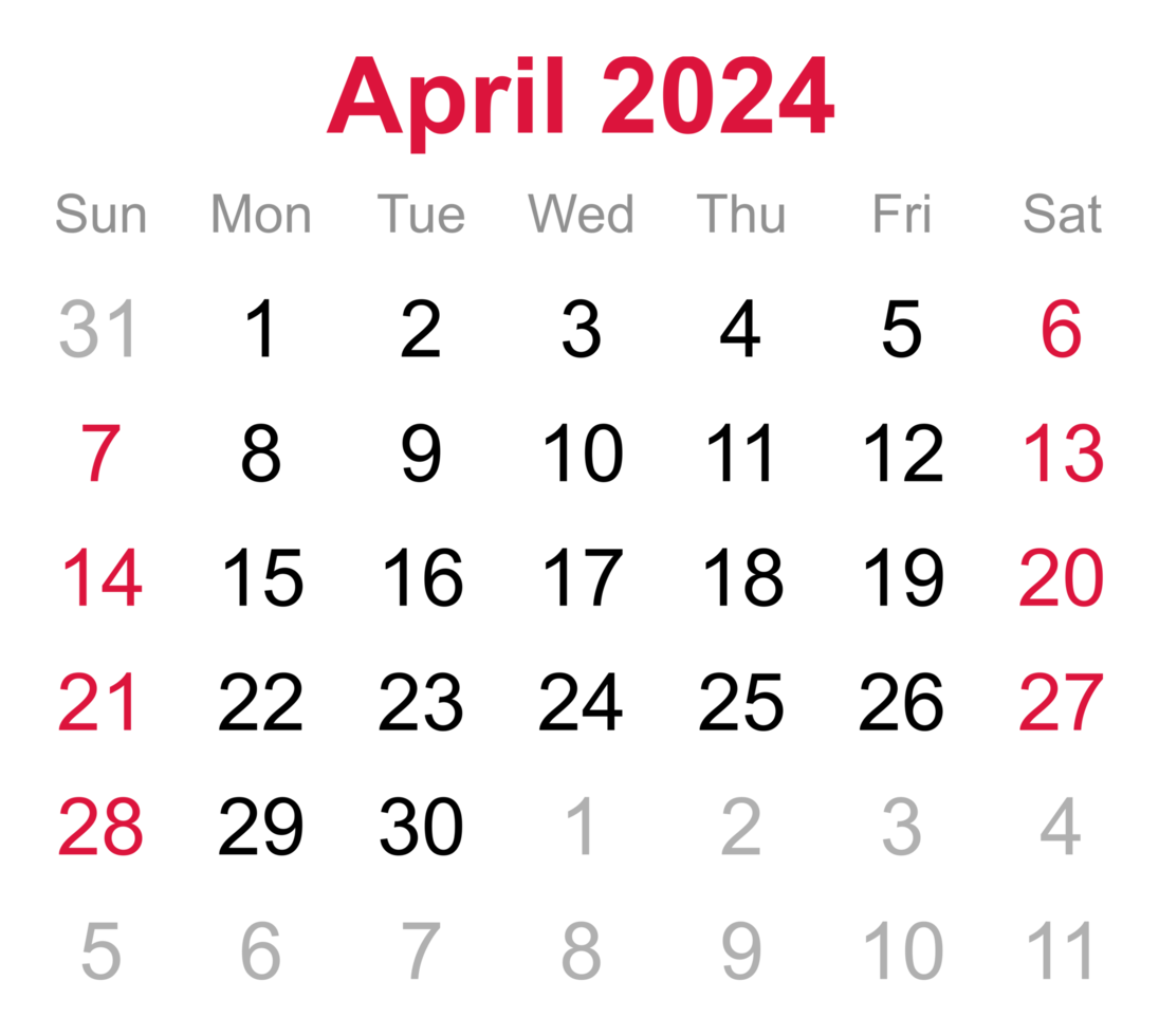 Monthly calendar of April 2024 on transparent background png