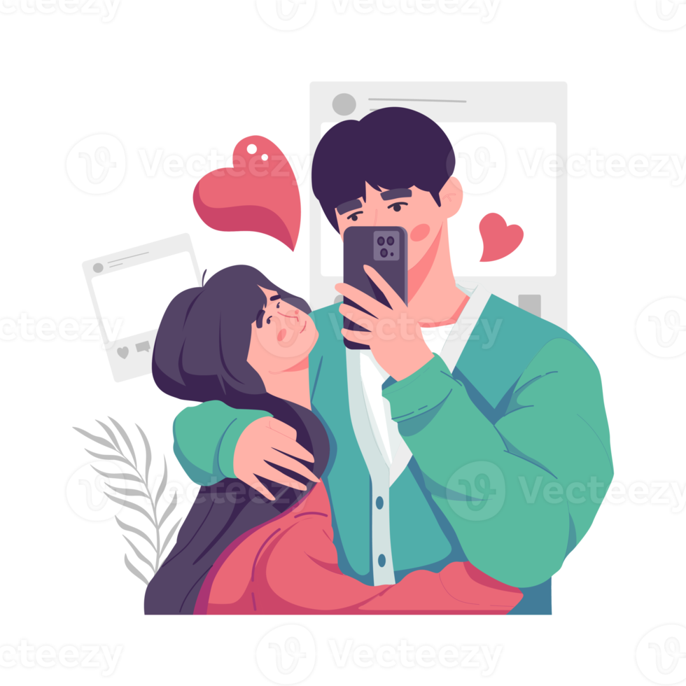 Romantic lovers are taking selfie with great passion. Happy young couple portrait. Valentine's Day and Happy Anniversary concept. png