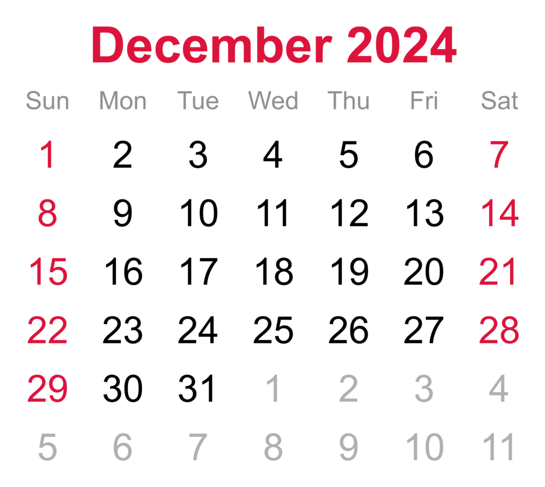 Monthly calendar of December 2024 on transparent background png